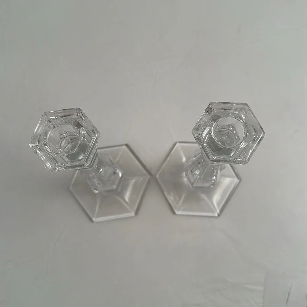 Tiffany and Co Richmond clear crystal etched logo hexagon base candle sticks